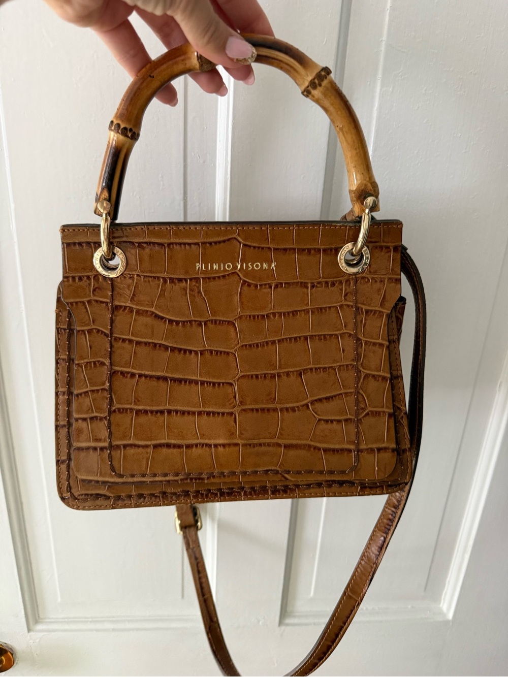 Plinio Visona Tan Croc-Embossed Bamboo Handle Satchel